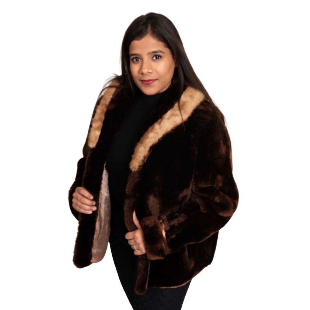 Vintage 1950’s Mouton Fur Coat with Real Mink fur collar Dark Brown New Yorker